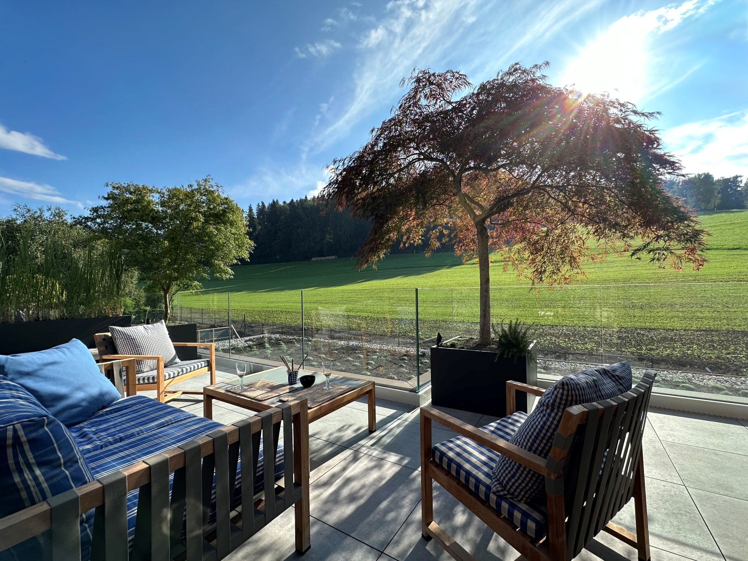 Terrasse mit Loungemöbeln aus Teak und Schattenbäumen