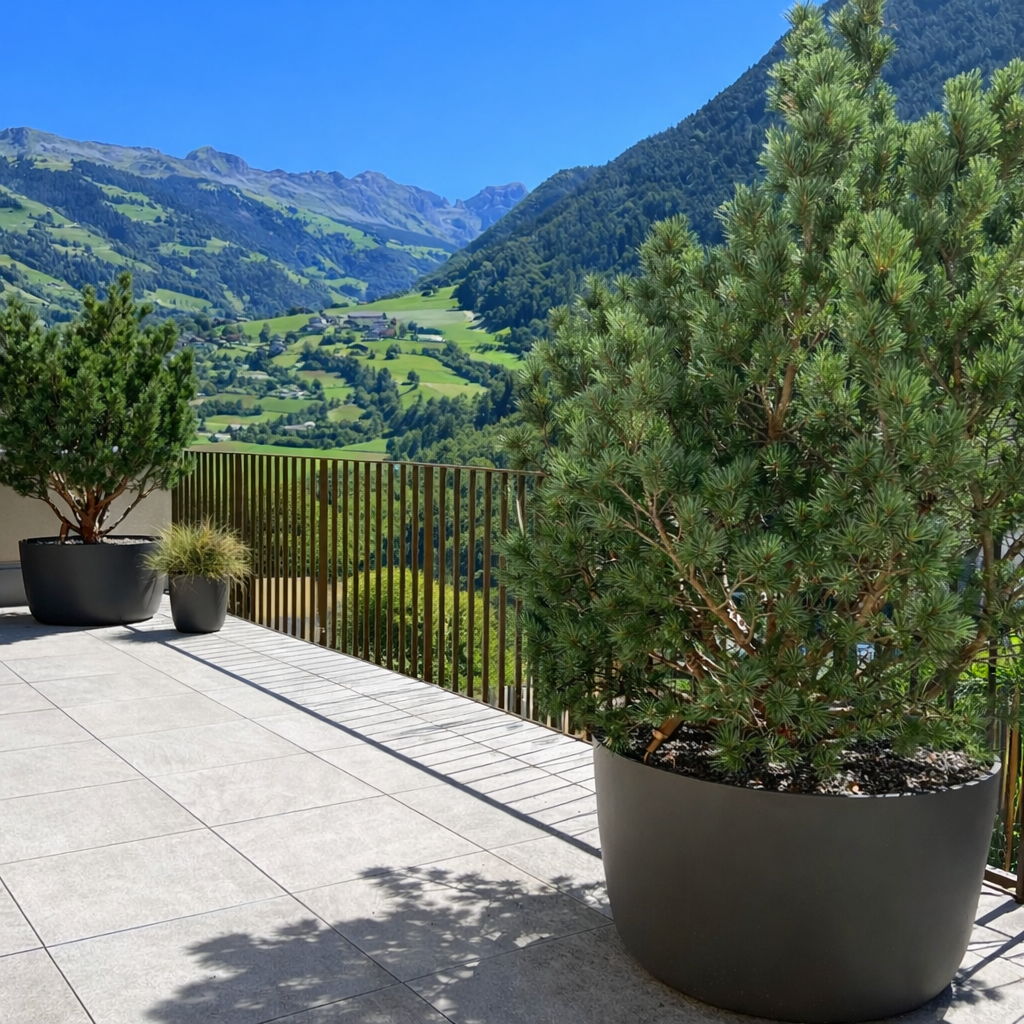 Terrassenbepflanzung mit immergrünen Pinus sylvestris Watereri