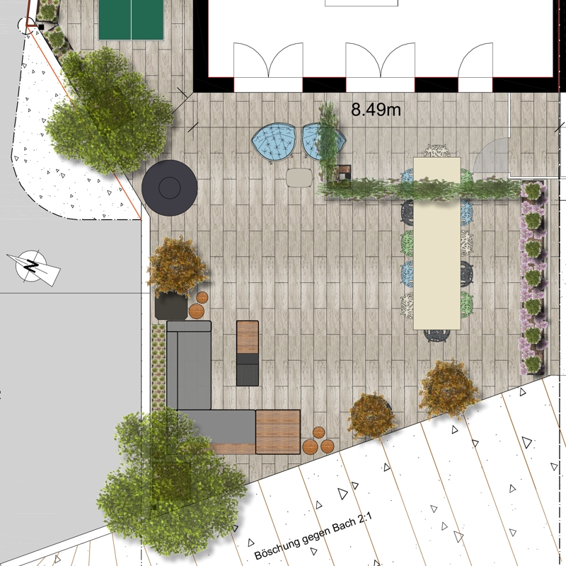 CAD-Terrassenkonzept mit Möblierung der Silvedes AG