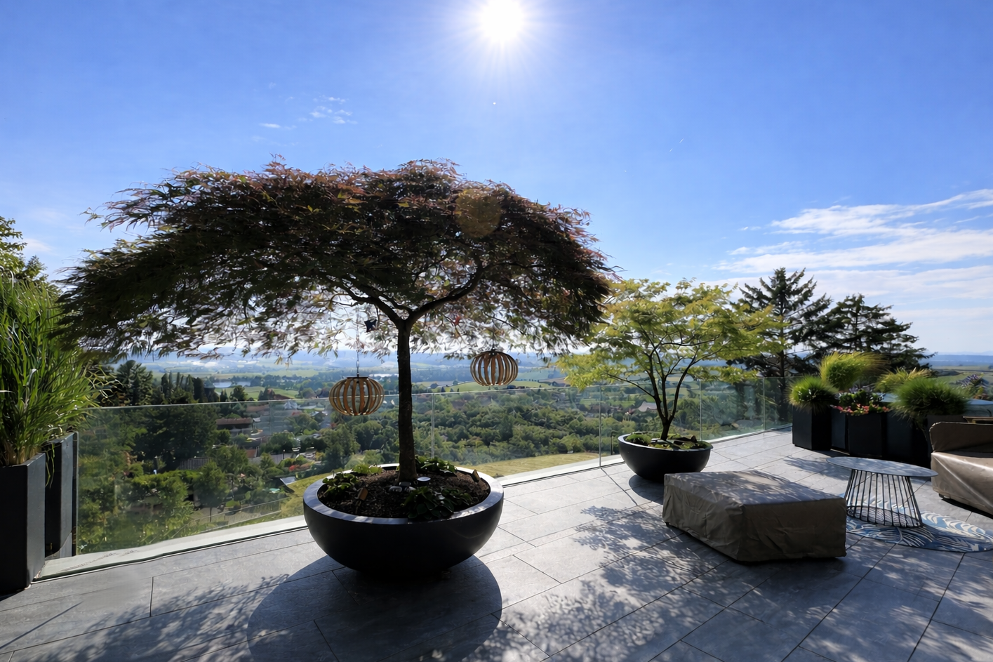Terrasse mit Japanischen Fächerahornen und Weitblick